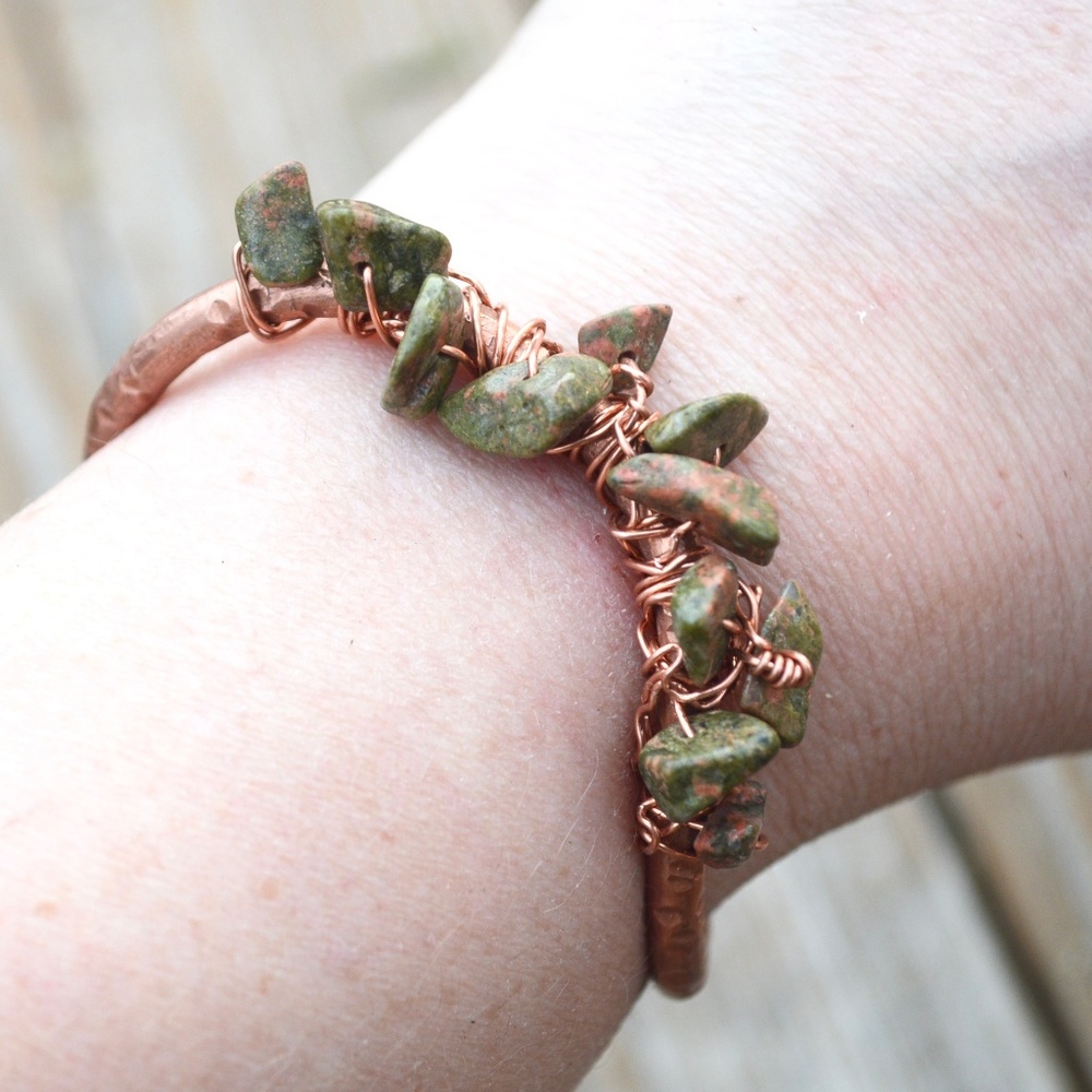 Unakite Copper Cuff Wire Wrapped Bracelet Reiki - Picture 1 of 7